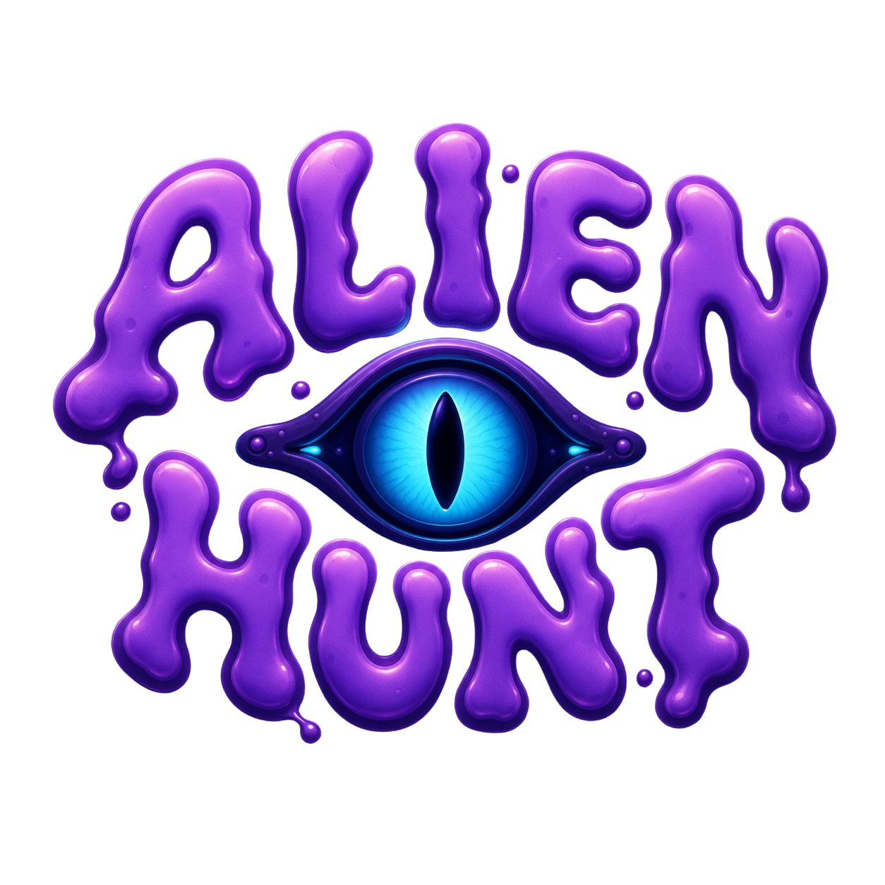 Alien Hunt purple slime logo with a blue alien eye